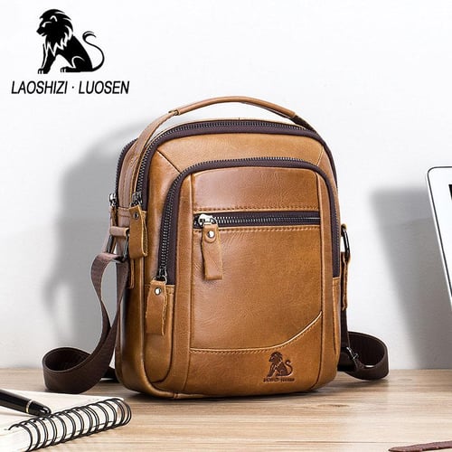 LAOSHIZI Men Tote Bags Genuine Leather Messenger Bag Fashion