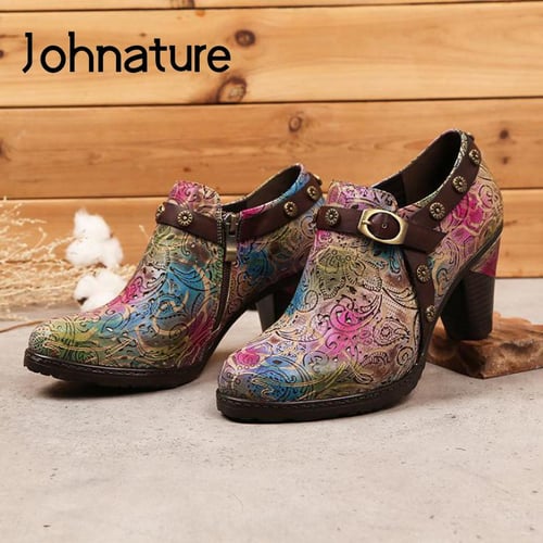 Johnature Genuine Leather Pumps Women Shoes Spring Mixed Colors