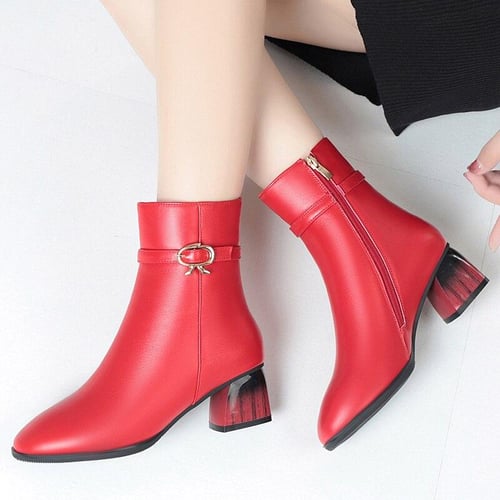 Women Dress Boots Winter Wool Round Toe Genuine Leather Ankle