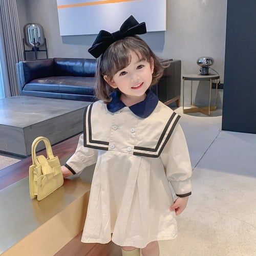 Autumn Baby Girl Long Sleeve Korean Style Navy Dress Kids Korean