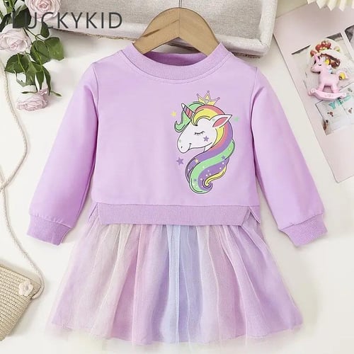 Girls Cute Unicorn Print Long Sleeve Round Neck Mesh Dress Clothes