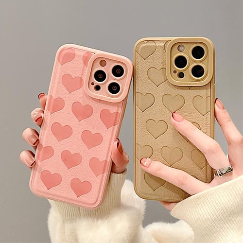 Cute Love Heart Soft Embossed Leather Phone Bag Cover For Iphone