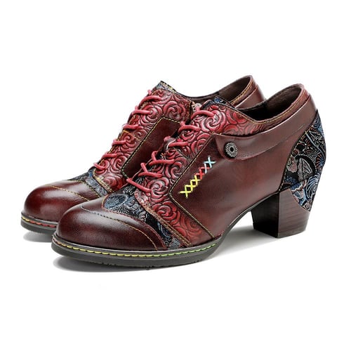 Johnature Vintage Printed Stitching Genuine Leather Pumps Women