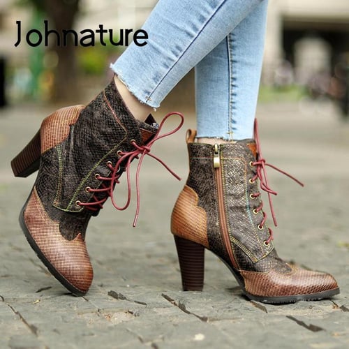 Johnature High Heel Boots Women Shoes Genuine Leather Handmade Zip