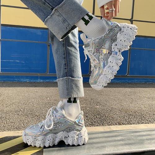 TUINANLE Reflective Chunky Sneakers Women Fashion Glitter Bling