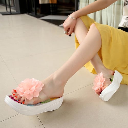 Summer Sandals Female Beach Dragging Thick High heel Flower Shoes