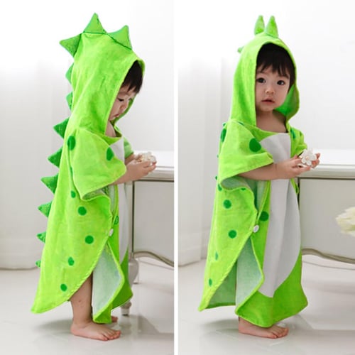 Infant Baby Boys Girls Kids Bathrobe Cartoon Dinosaur Hooded Bath