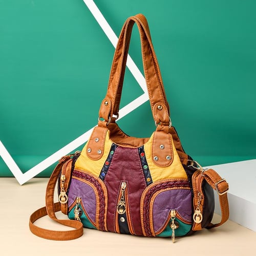 Multi coloured leather patchwork bags deals