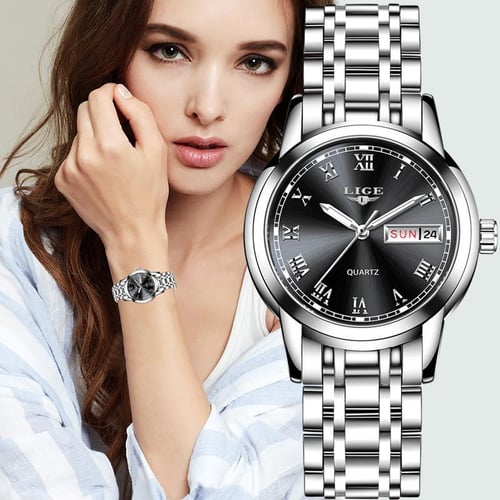 LIGE Luxury Ladies Watch Women Waterproof Rose Gold Steel Strap