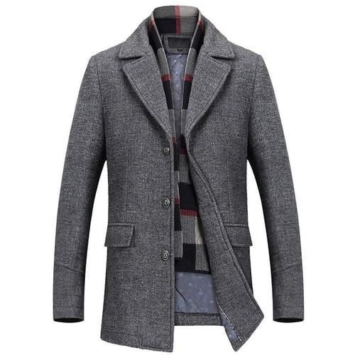 Autumn winter casual slim fit stand collar scarf detachable stylish woolen overcoat jacket for men hot sale