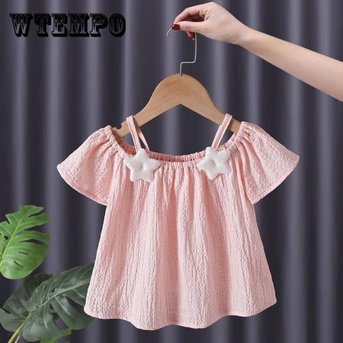 Summer Kids Cute Printing T Shirts Girls Off Shoulder Sling Loose