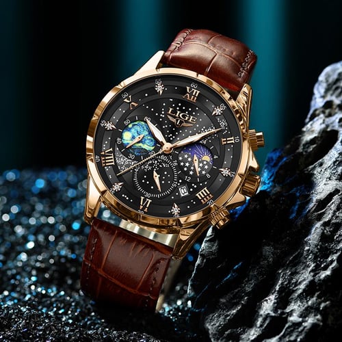 LIGE New Fashion Men Watch Luxury Business Starry Sky Leather Men Quartz Watch Night Glow Waterproof Wristwatch Automatic Date Timing Code Watch buy