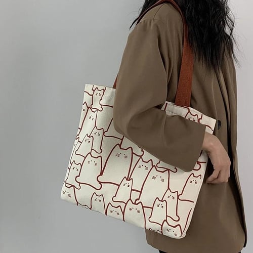 Canvas Bags Handbag for Women Shopper Cute Cat Tote Bag with