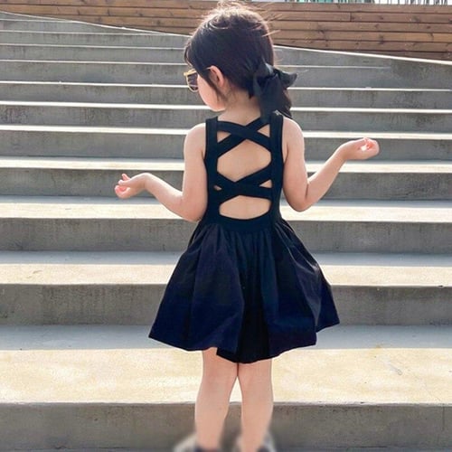 Kids Girls Dress Cross Open Back Vest Skirt Slim Big Swing Dress