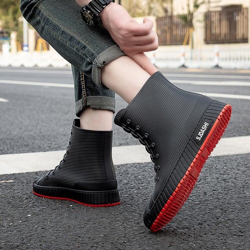 Fashion Men s Rain Boots Rubber Gumboots Slip On Mid calf