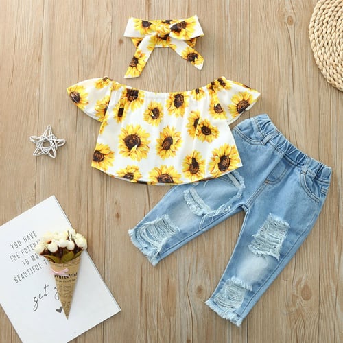 Toddler Baby Girl Kid Off Shoulder Sunflowers Tops Denim Pants