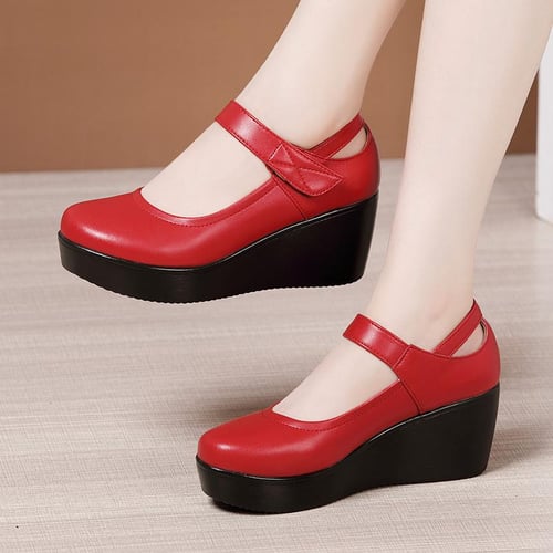 Round Toe Wedge Pumps Women Shoes Mary Jane Shoes Thick Bottom