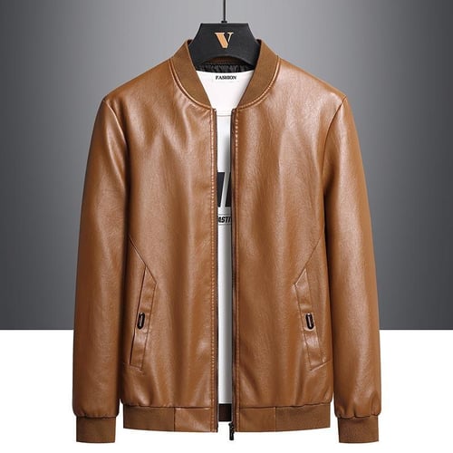 Men S Casual Stand Collar Straight Hem Zip Leather Jacket Plus