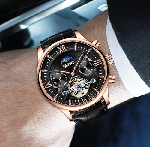 KINYUED men s watch multi function simple openwork business style