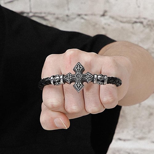 Men s Leather Bracelet with Cross Punk Rock Skull Head Wristbands for Men Leatherman Hand Bands Jewellery Accessories buy Men s Leather Bracelet