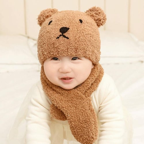 Cute Bear Ear Baby Hat Scarf Winter Warm Fleece Kids Beanie For