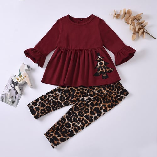 SU Toddler Kids Baby Girls Christmas Tree Tops Dress Leopard Pants