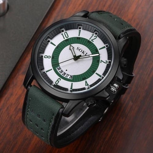 SOKI Quartz Watch Retro Classic Watch Men Date Leather Strap