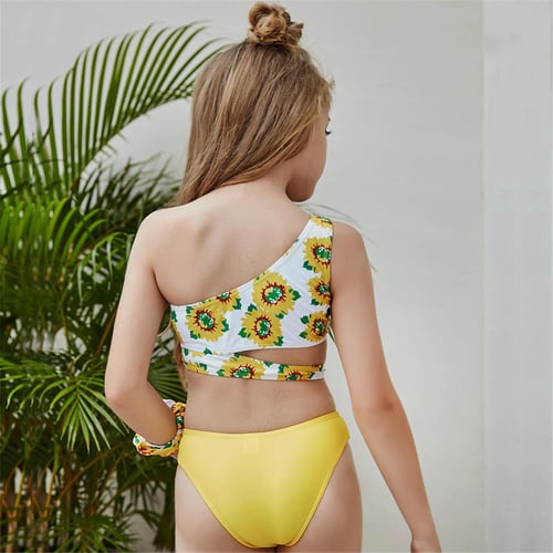 Girl Cute Off Shoulder SunFlower Print Bikini Two Piece Swimsuit