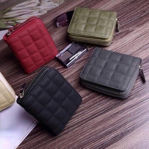Women Fashion Small Zipper Wallet with Coin Purse PU Leather Plaid