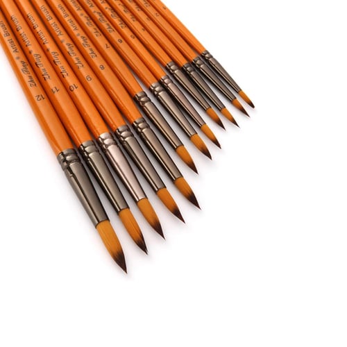12pcs Professional Artist Paint Brushes Set Round Pointed Tip Wooden