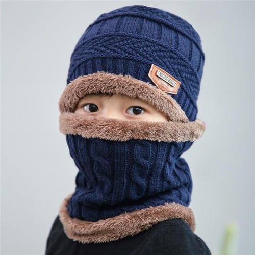 Kids Boys Girls Winter Fleece Hat Scarf Thicken Knit Windproof