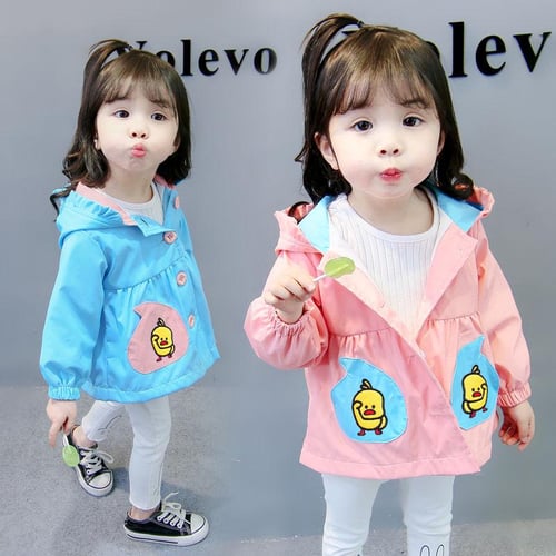 Autumn Girls Windbreaker Coat Baby Kids Cartoon Embroidery Hooded