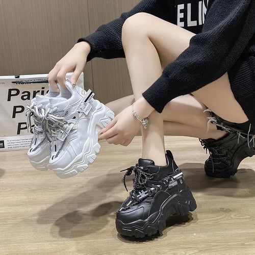 Fashion Chunky Platform Outdoor Sneakers Women Super High Heels Casual Shoes Lace Up Pu Height Increasing Sneakers buy Fashion Chunky Platform