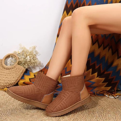 Womens Warm Fur Lined Winter Snow Boots Solid Color Non slip Ankle