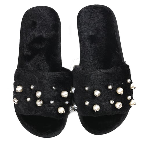 Women s Comfy Soft Plush House Slide Slippers with Pearls for