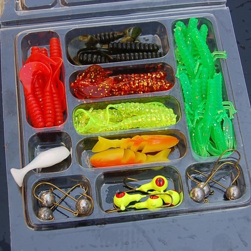 35Pcs/lot Fishing Lure Kit Mixed Soft Worm Lure Carp Jig Hooks