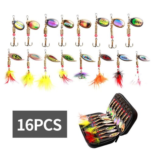 16PCS Spinner Baits Kit Bass Trout Salmon Hard Metal Spinning Spoon Rooster  Tail Fishing Lures Set
