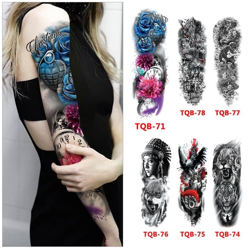 Upper Arm Sleeve Tattoo Crown Lion Tiger Wolf Head Waterproof