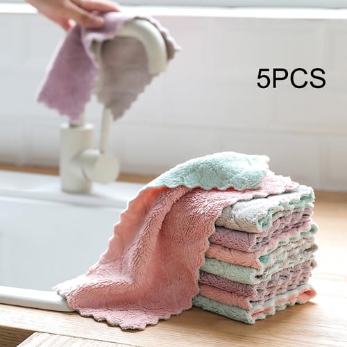 5pcs Kitchen Coral Fleece Cleaning Rags, Non-stick Oil Dishwashing Towels  With Hanging Loop