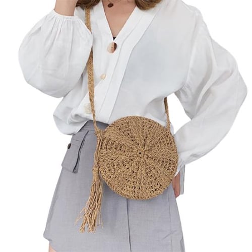 Handwoven Women Round Straw Tote Shoulder Bags Fashion Round