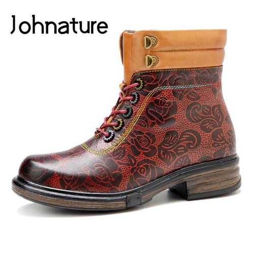 Johnature Long Boots Women Shoes Round Toe Winter Genuine Leather