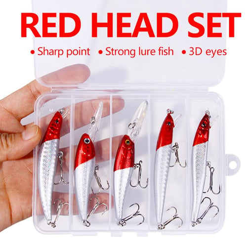 5Pcs/box Red Head Crankbait Minnow Fishing Lure Set Artificial