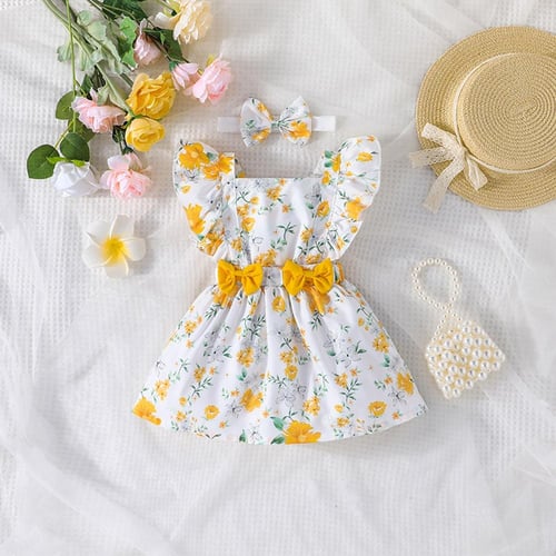 Summer Newborn Baby Girl Clothes Cotton Dress For Infant Baby Girls  Clothing Outfits Cool Breathable Casual Dress Dress Color Yellow Kid Size  24M