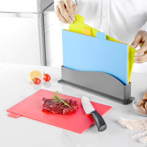 Chopping Board with Holder 4Pcs/Set Plastic Cutting Block Mats with Food  Icons,Dishwasher Safe,BPA-Free,Anti Bacterium,Non-slip