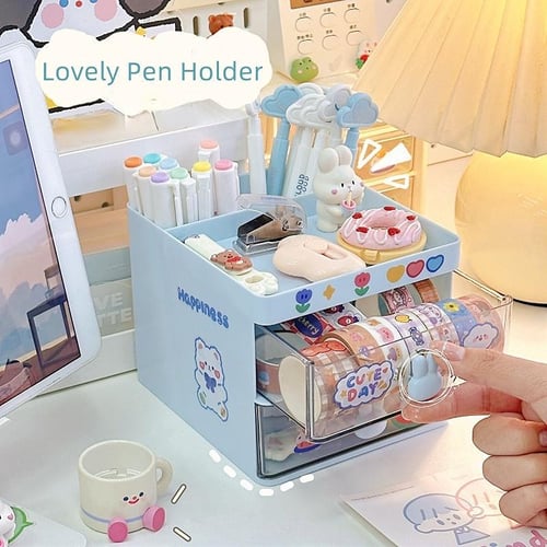 Cute Desk Organizer Drawer Kawaii Plastic Stationery Organizer Transparent  Storage Box Container Pen Holder For Home School