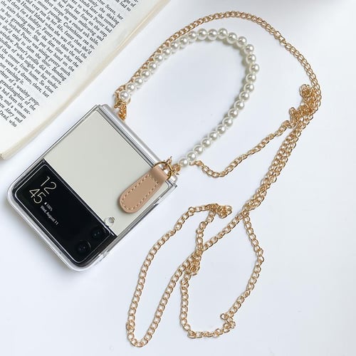 Lady Chic 3D Camellia Bracket Phone Case For Samsung Galaxy Z Flip 4 3 5G  Portable Pearl Bracelet Cross Pattern PU Leather Cover