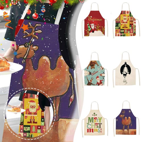 Christmas Apron Santa Claus Elk Christmas Tree Print Apron Aprons