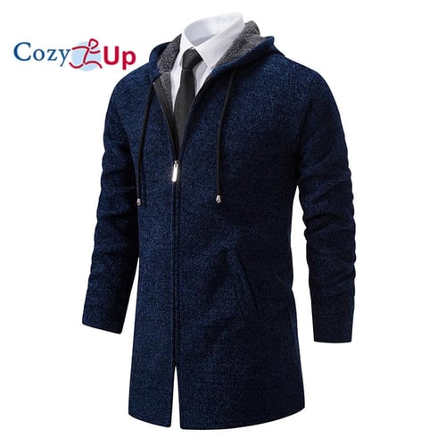 Cozy Up Men Fleece Windbreaker Thick Long Trench Coat Solid Winter