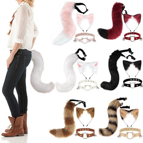 Animal Ears Headband Tail Cat Fox Hair Band Tail Wolf Cosplay Costume  Accessories Halloween Set