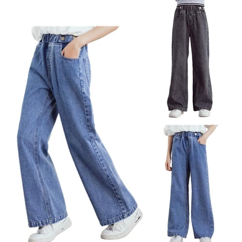 Teenage Girls Jeans 2022 Spring Summer Fall Casual Fashion Loose Blue Kids  Leg Wide Pants School Children Trousers 6 8 10 12Year